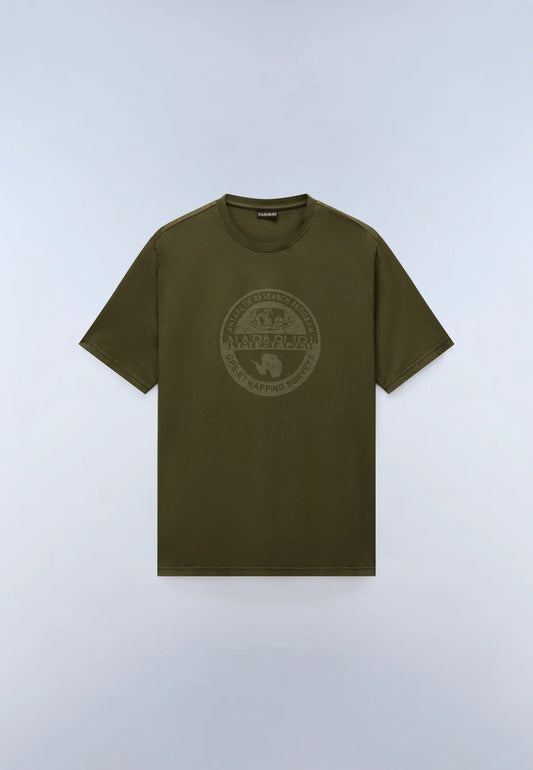 An olive green short-sleeve t-shirt with a tonal circular graphic on the chest, displayed flat against a light gray background.
