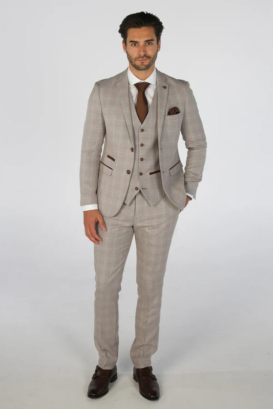 Paul Andrew Leo Beige Check Three Piece Suit