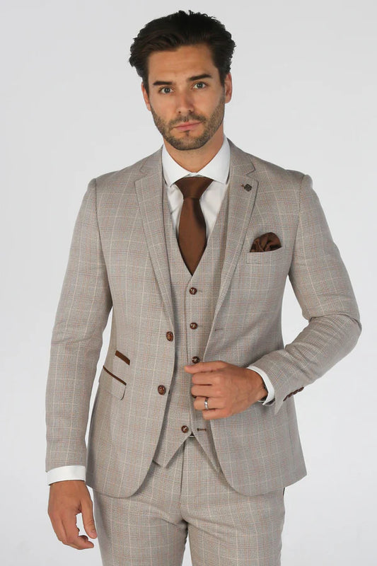 Paul Andrew Leo Beige Check Three Piece Suit