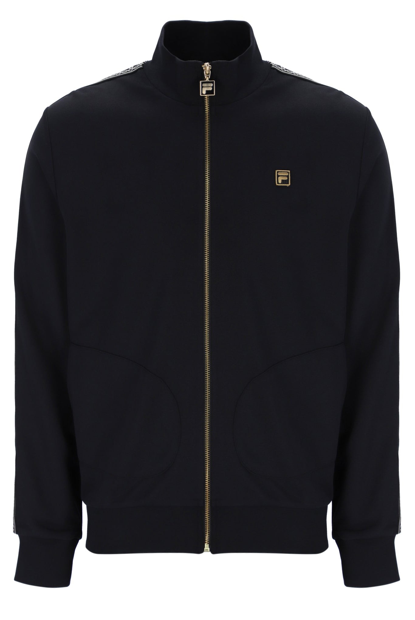 Black jacket with a brand logo on a white background