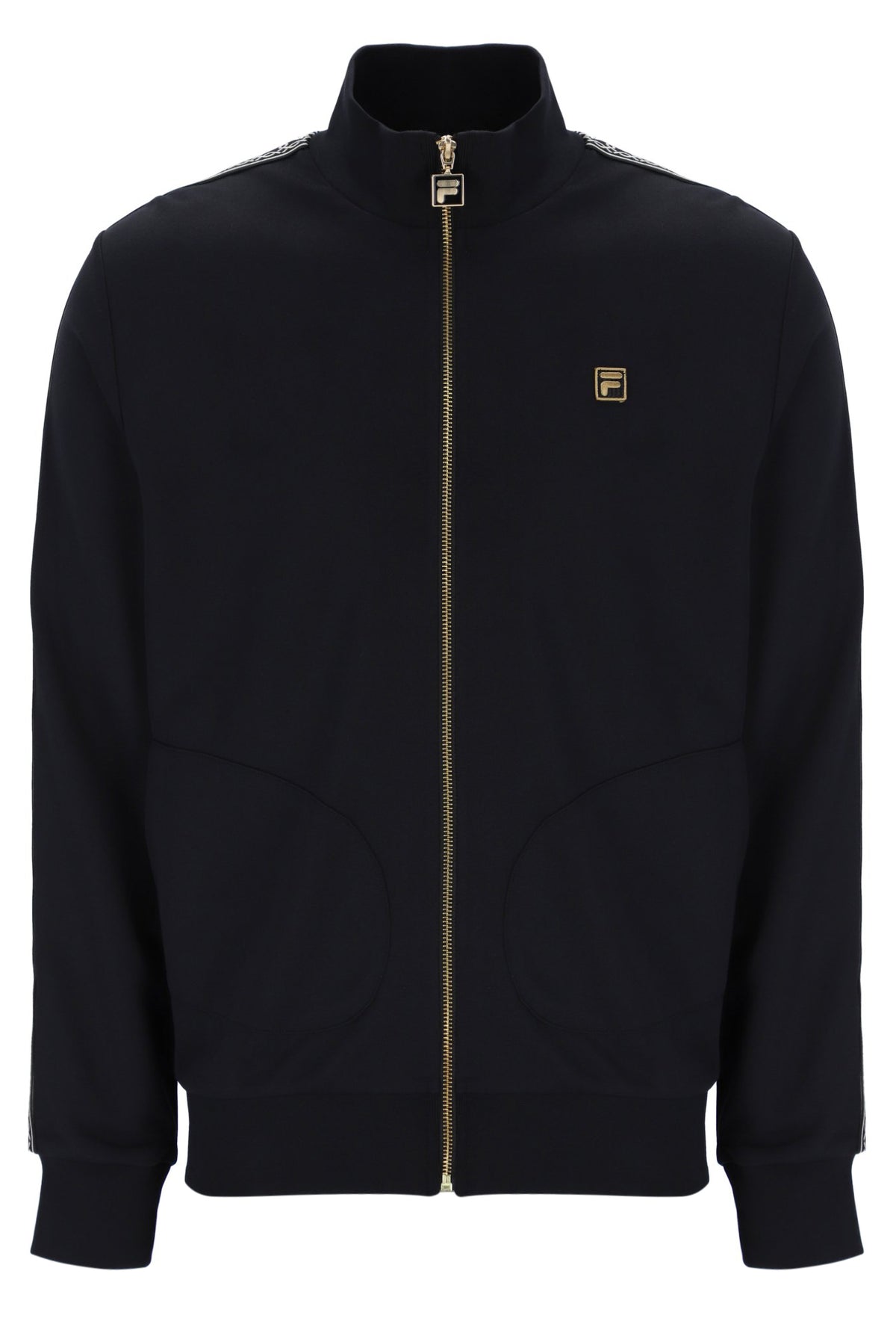 Black jacket with a brand logo on a white background