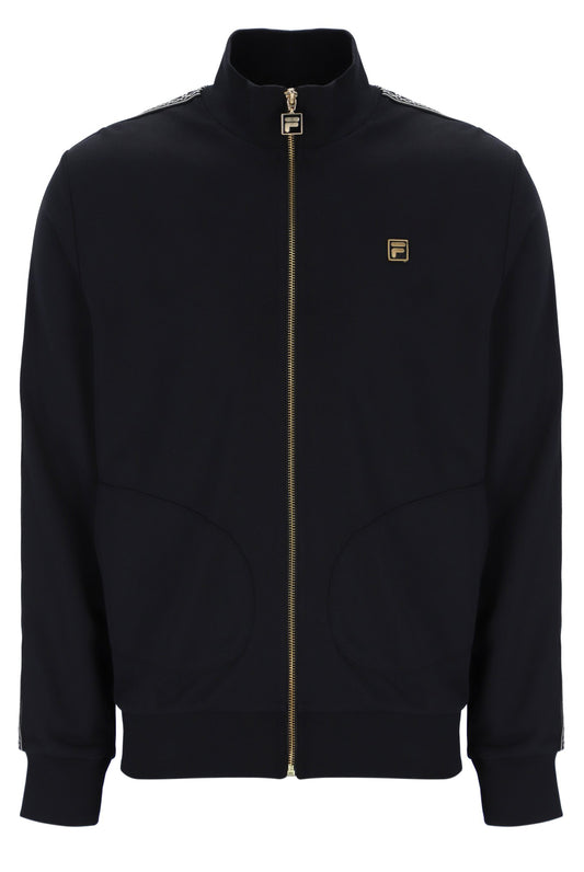 Black jacket with a brand logo on a white background
