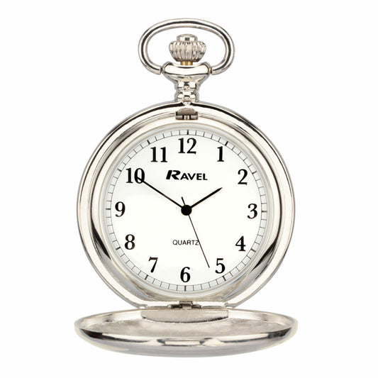 Silver pocket watch with white face and 'Ravel' branding on a white background