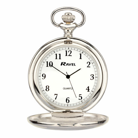 Silver pocket watch with white face and 'Ravel' branding on a white background