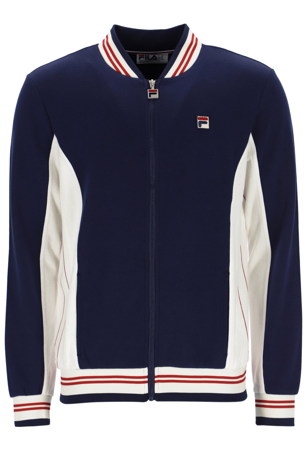 Navy and white jacket with red and white stripes on a white background