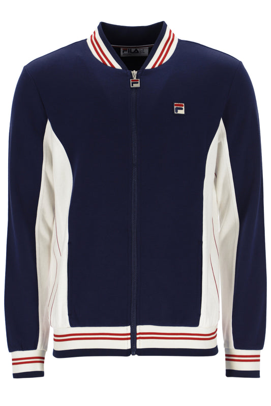 Navy and white jacket with red and white stripes on a white background