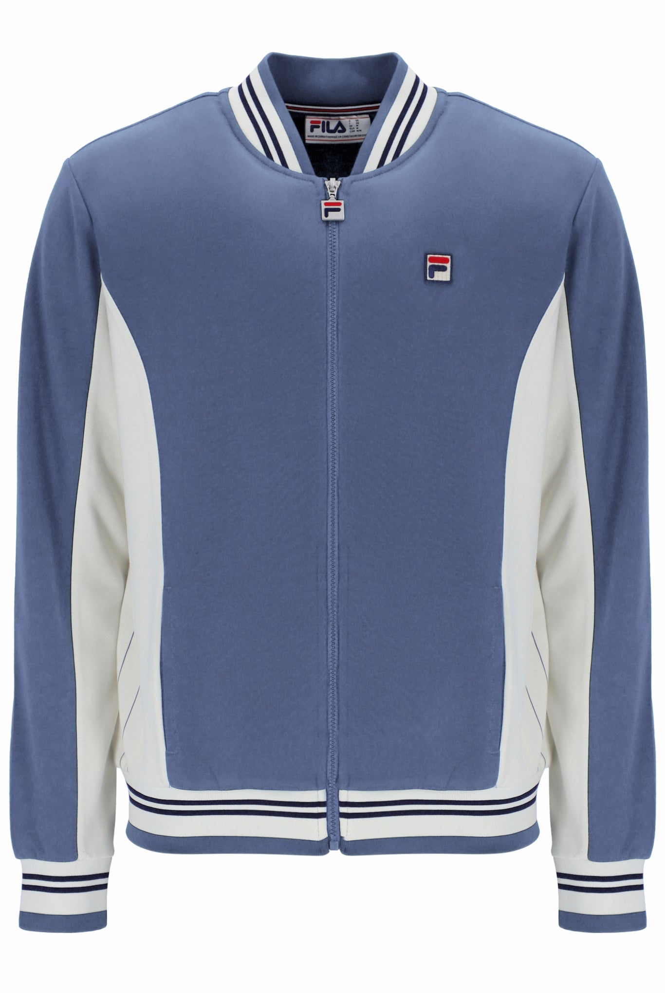 Blue and white jacket with a visible Fila logo on a white background
