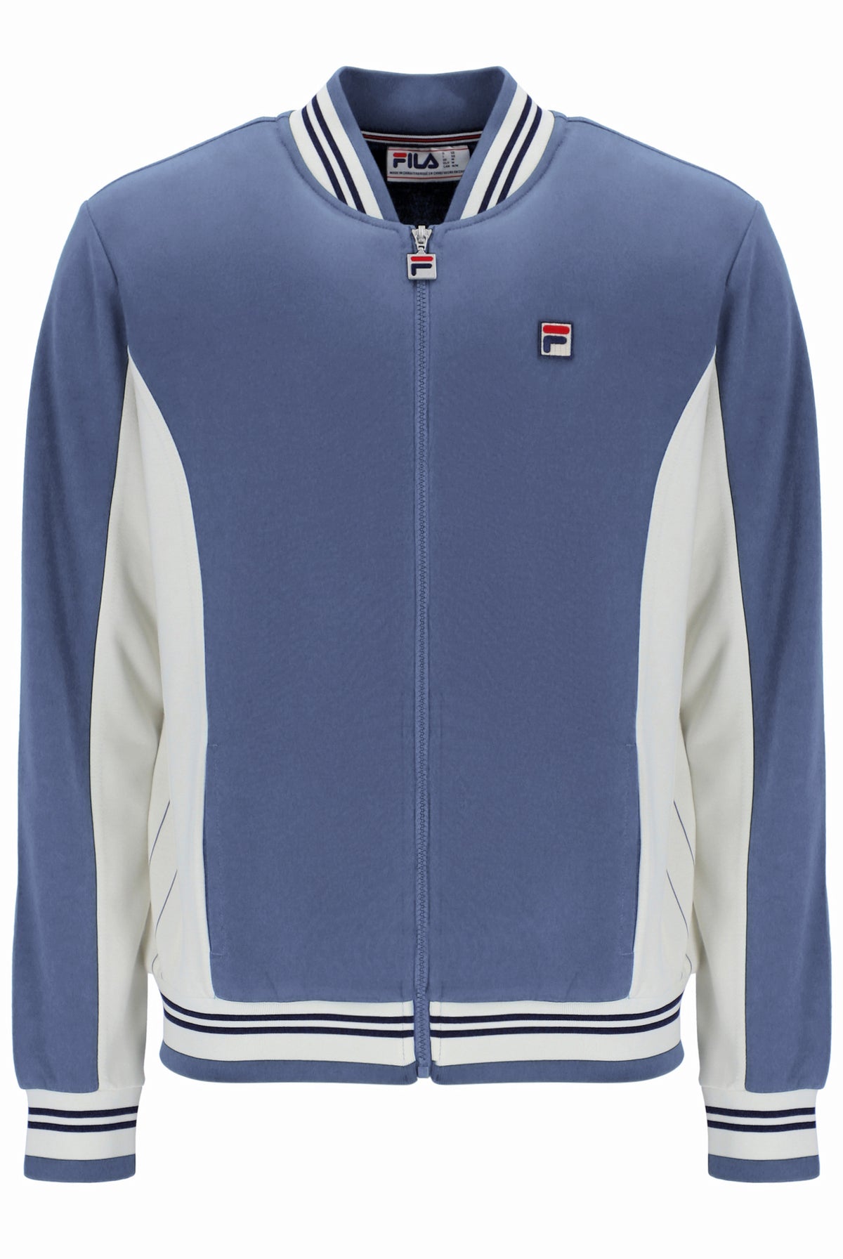 Blue and white jacket with a visible Fila logo on a white background