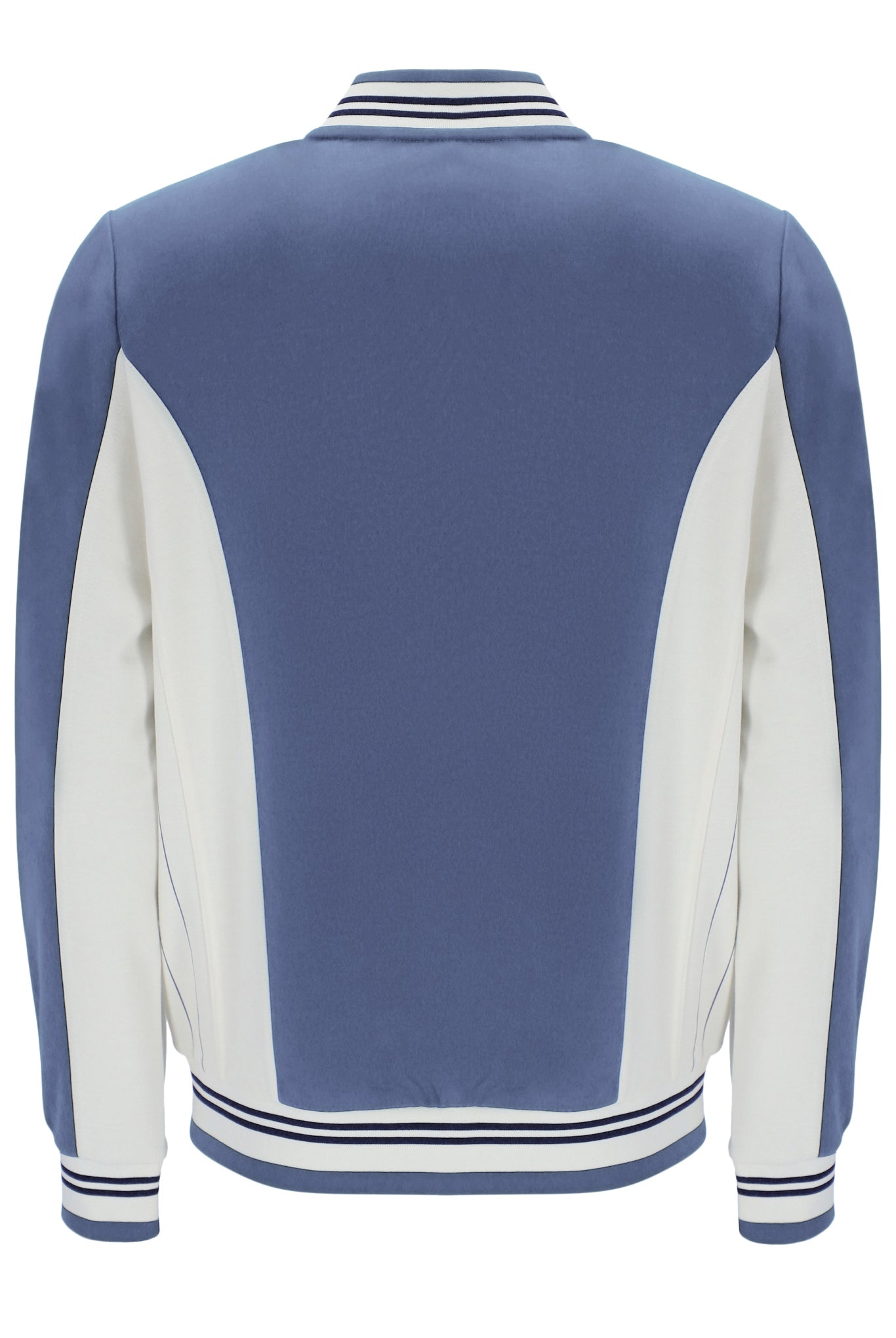 Blue and white varsity jacket on a white background