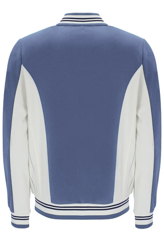 Blue and white varsity jacket on a white background
