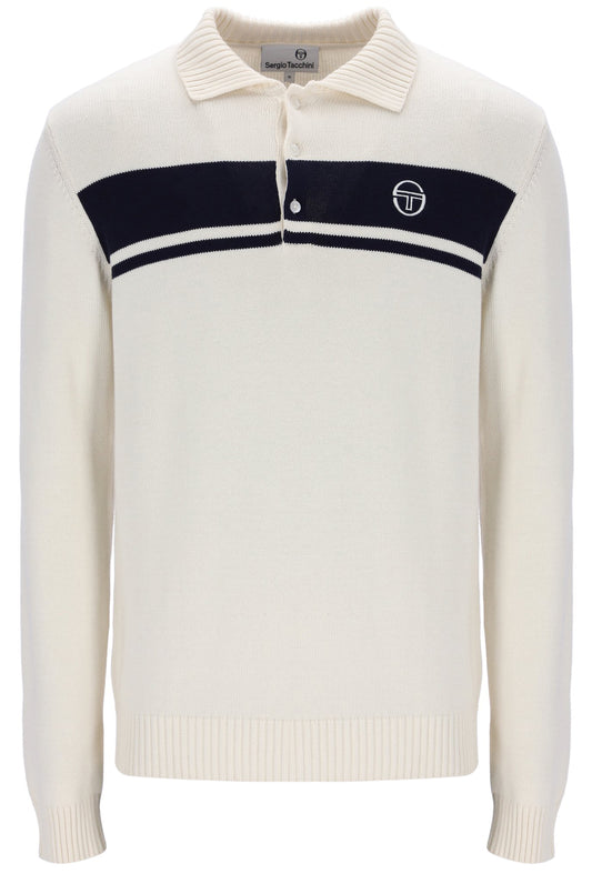 White sweater with navy stripe and logo on a white background