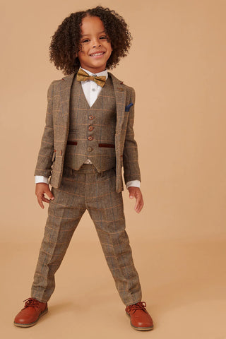 Marc Darcy Ted - Childrens Tan Tweed Check Three Piece Suit