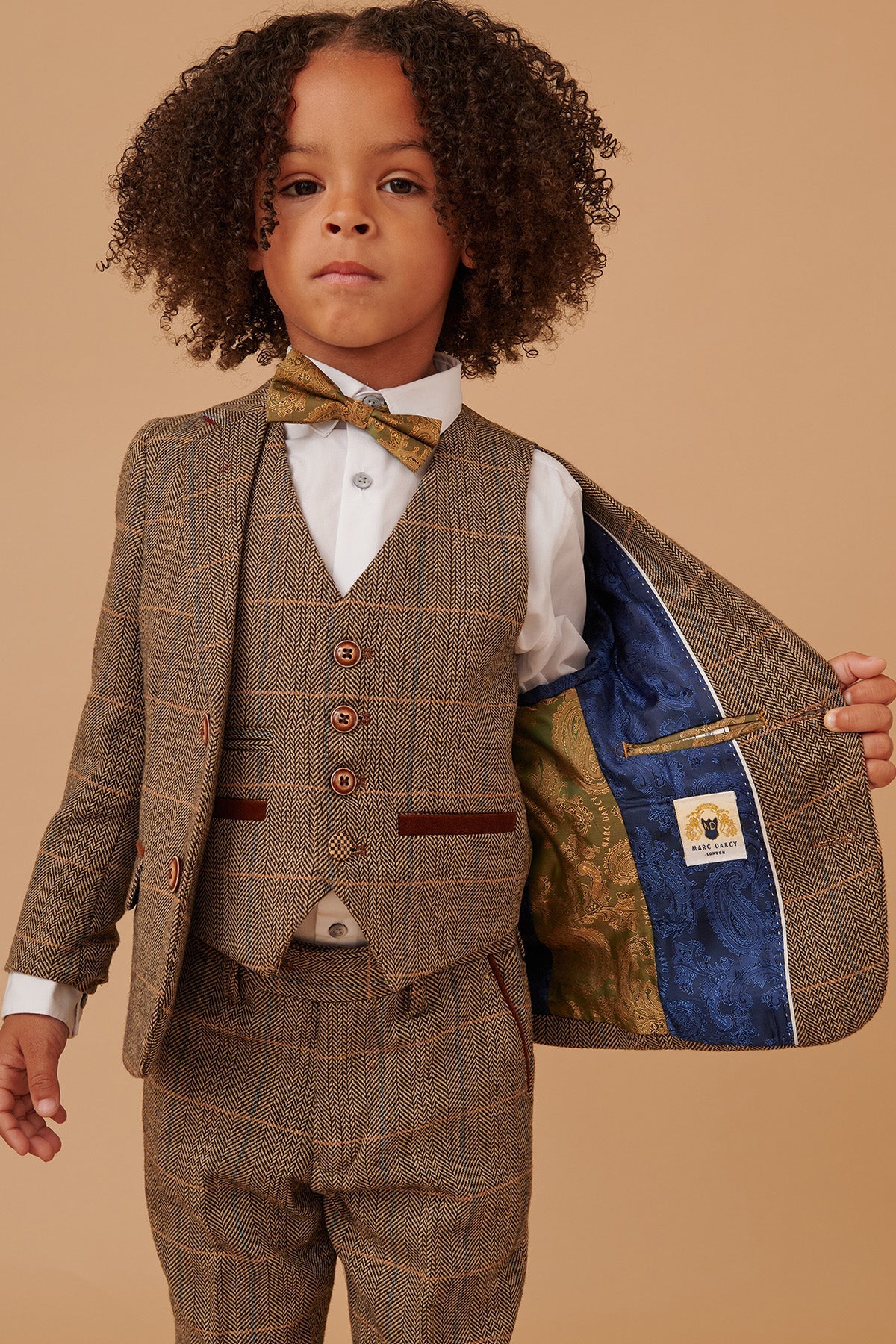 Marc Darcy Ted - Childrens Tan Tweed Check Three Piece Suit