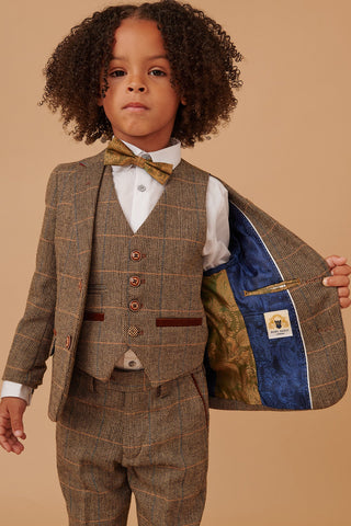 Marc Darcy Ted - Childrens Tan Tweed Check Three Piece Suit