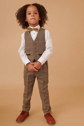Marc Darcy Ted - Childrens Tan Tweed Check Three Piece Suit
