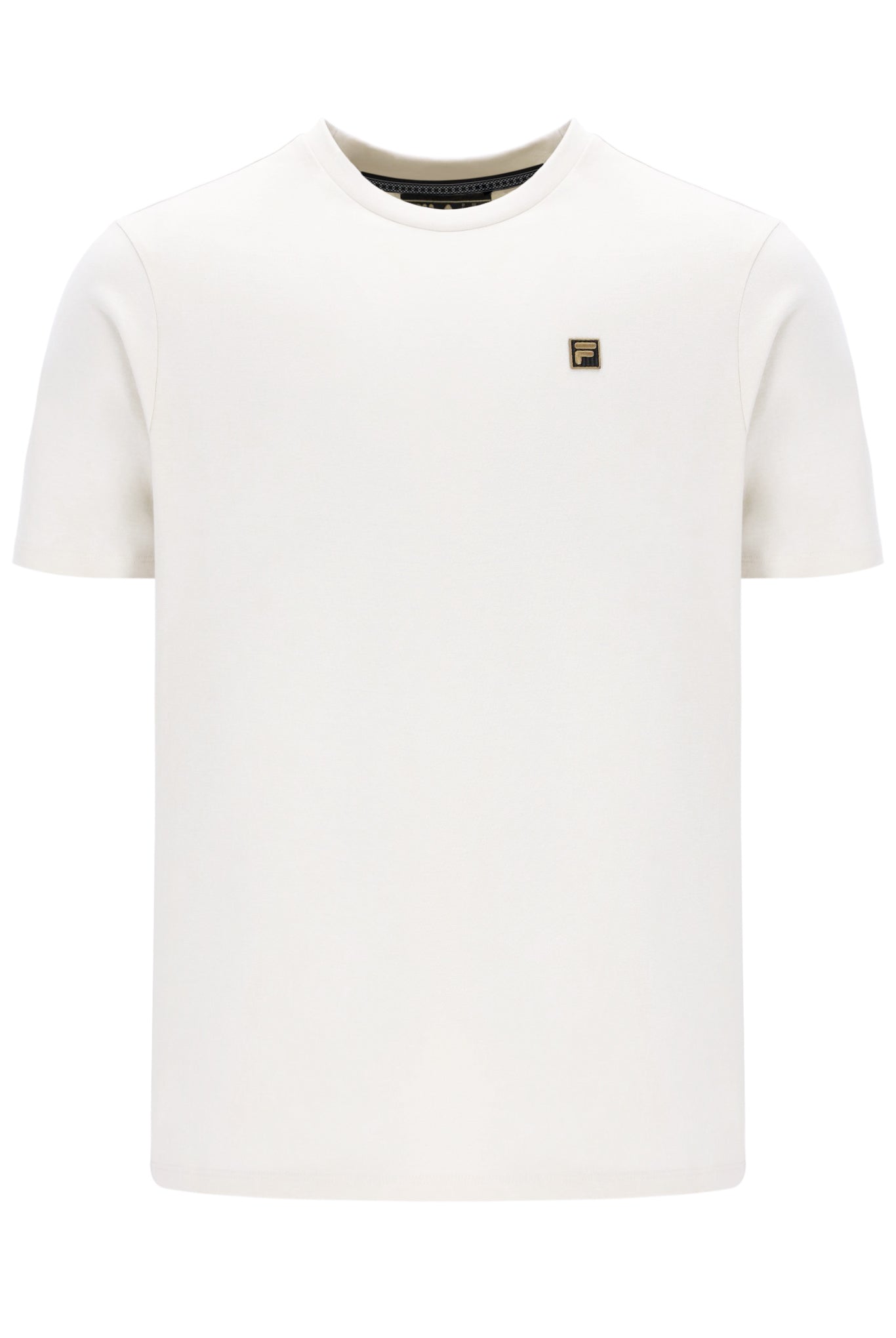 White t-shirt with a small logo on a white background