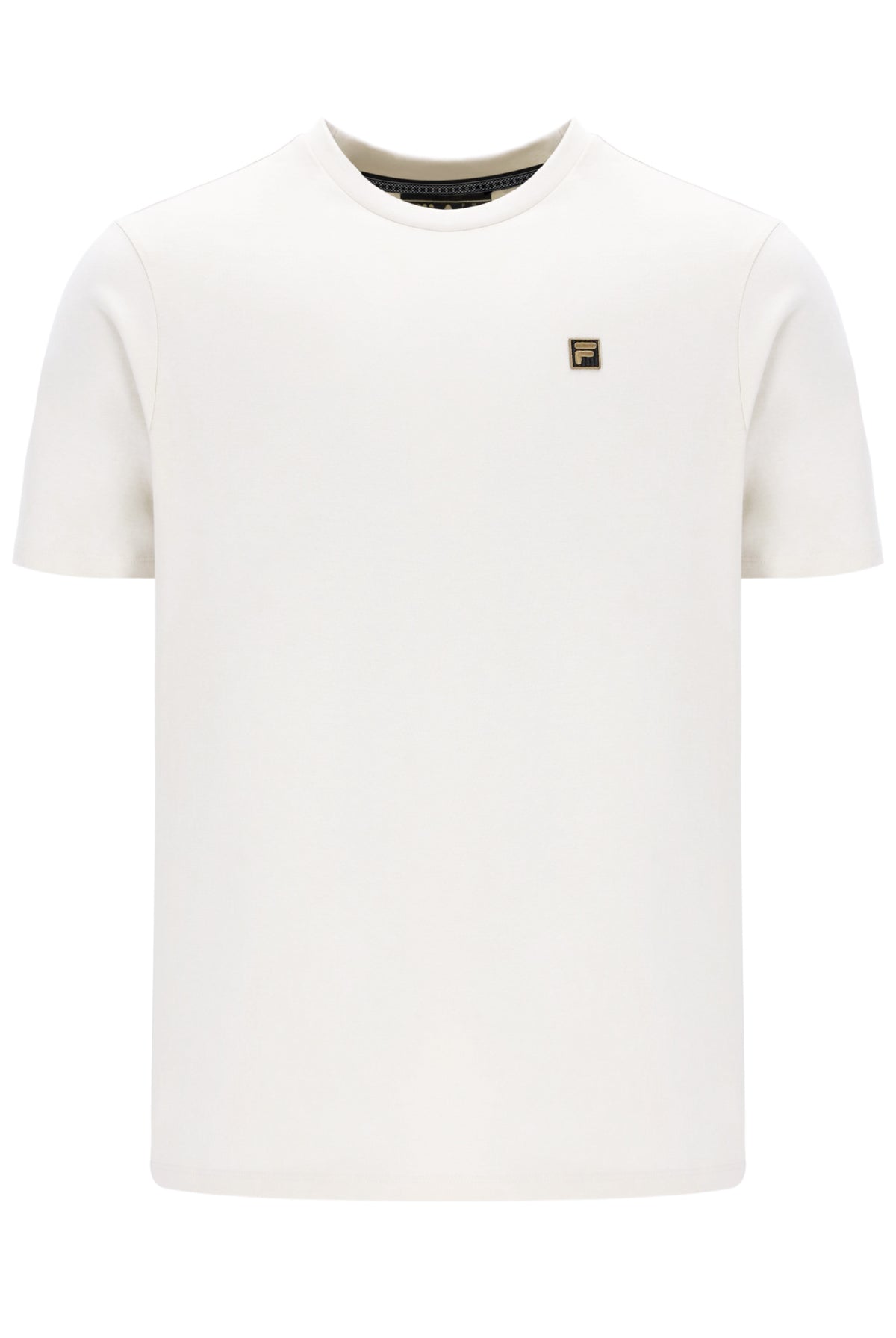 White t-shirt with a small logo on a white background
