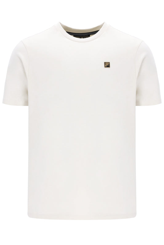 White t-shirt with a small logo on a white background