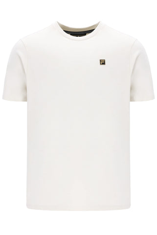 White t-shirt with a small logo on a white background