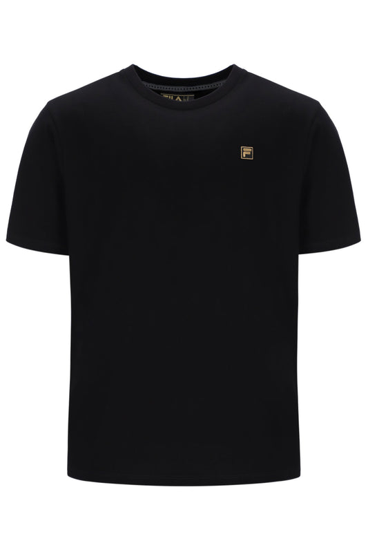 Black t-shirt with a small logo on a white background