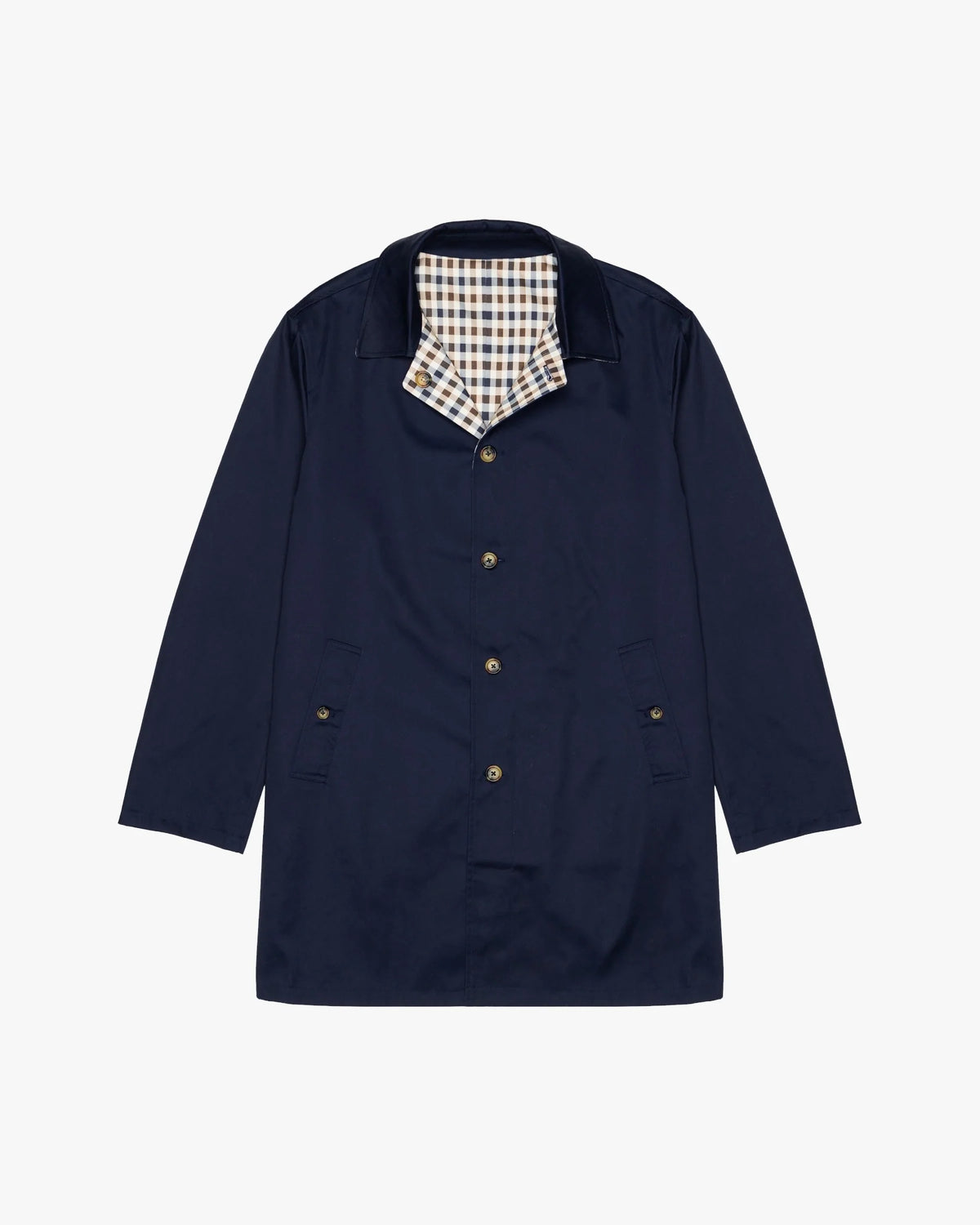 Aquascutum Archival Reversible Mid Trench Coat – Navy / Club Check