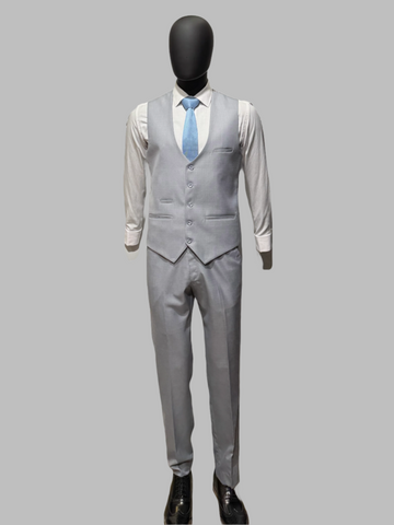 Gray suit with a white shirt and blue tie on a mannequin against a white background
