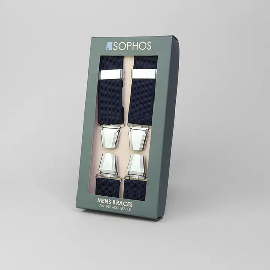 Packaged men's braces with visible brand name on a gray background