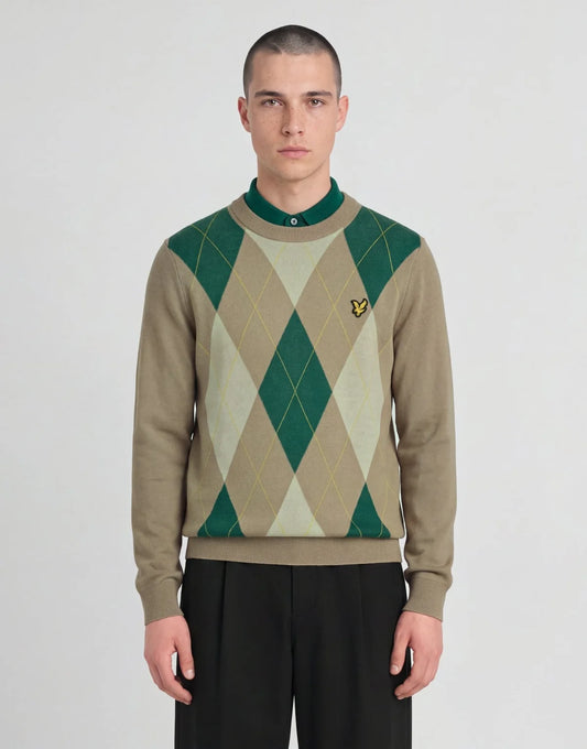 Lyle & Scott Argyle Crew Neck Jumper – Camel