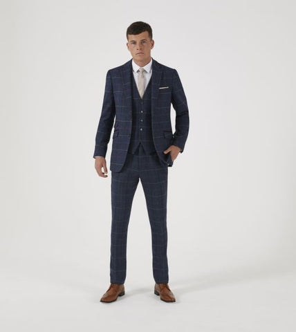 Skopes Doyle Tailored 3 PC Suit Navy Blue Check Tweed